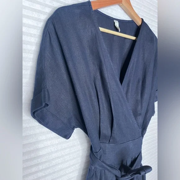 Grae Cove Frankie Linen Navy Blue Pocket V-neck Wrap Belted Midi Dress Large - Picture 5 of 10